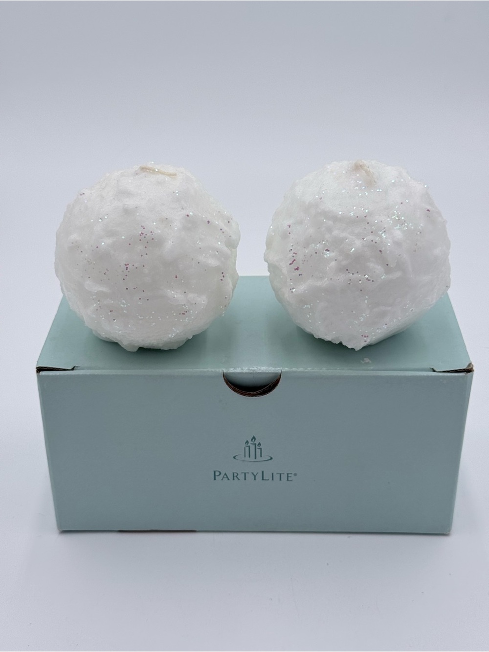 PartyLite Glitter Snow Balls Q35102 Ball Wax Candles NIB RETIRED 2 In Set